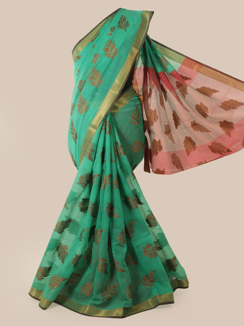

Pothys Green & Gold-Toned Cotton Blend Woven Design Chanderi Saree