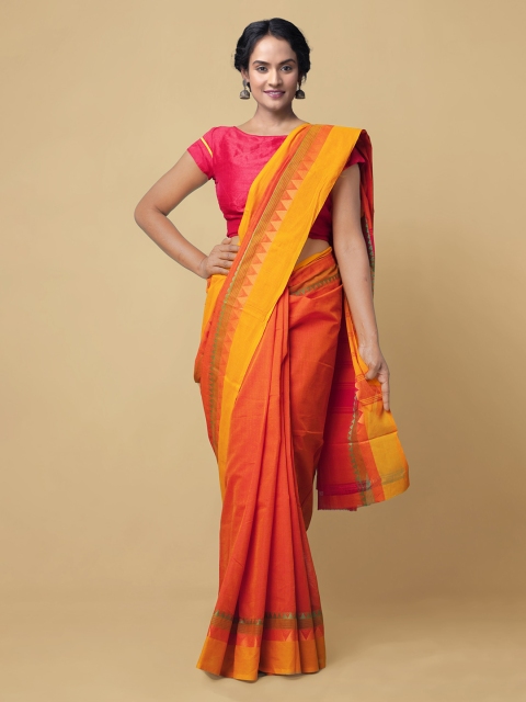 

Unnati Silks Orange & Yellow Pure Cotton Solid Kanjeevaram Handloom Saree