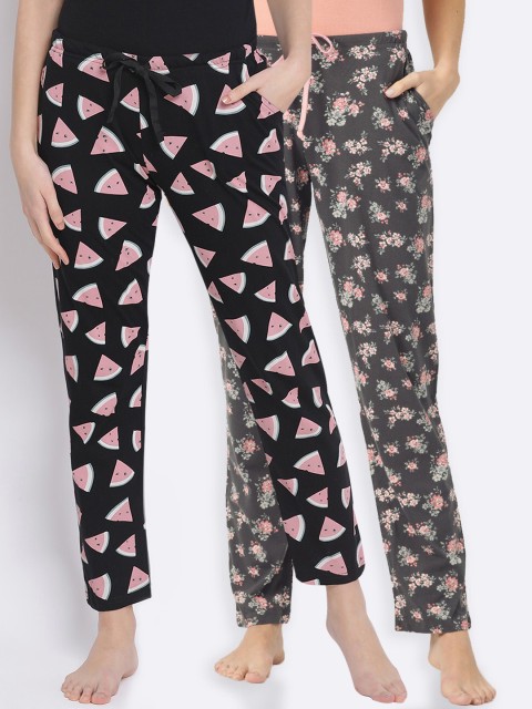 

Kanvin Women Pack of 2 Printed Pure Cotton Lounge Pants, Black