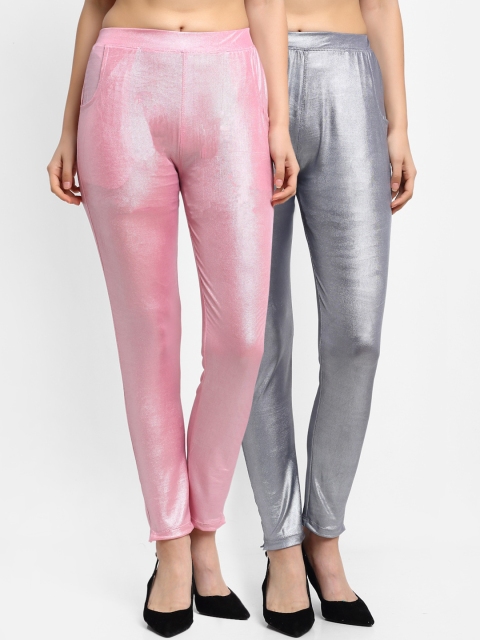 

NEUDIS Women Pack of 2 Silver & Pink Shimmer Ankle Length Leggings