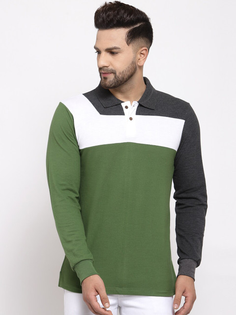 

Kalt Men Olive Green & White Colourblocked Polo Collar T-shirt