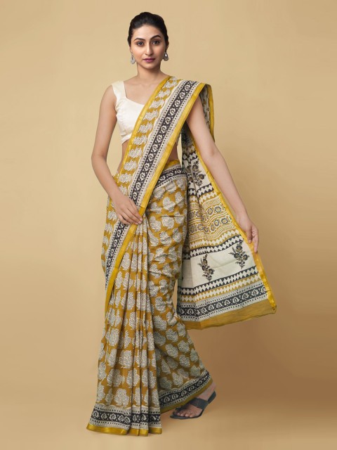 

Unnati Silks Yellow & Off-White Pure Cotton Printed Bagru Saree
