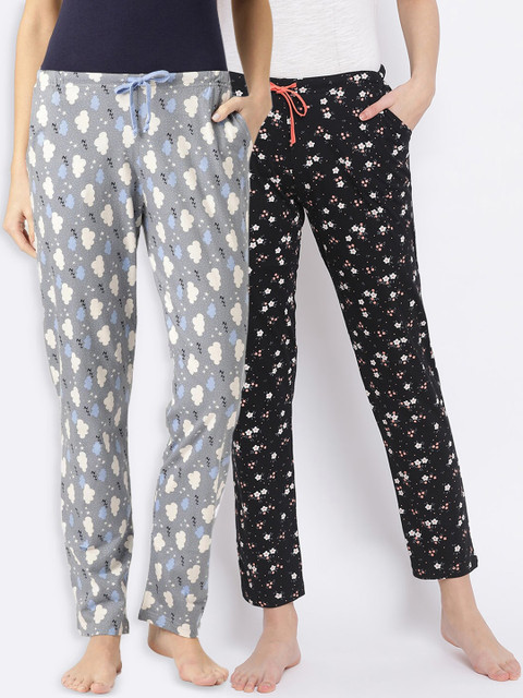 

Kanvin Women Pack Of 2 Printed Pure Cotton Lounge Pants, Black