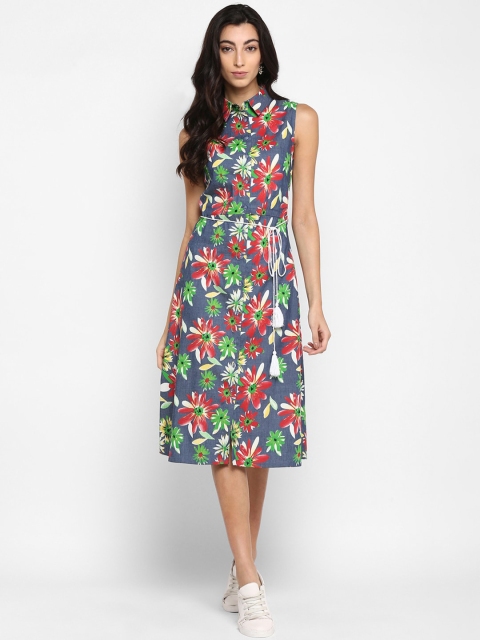 

DEEBACO Women Blue Floral Printed Organic Cotton Shirt Dress