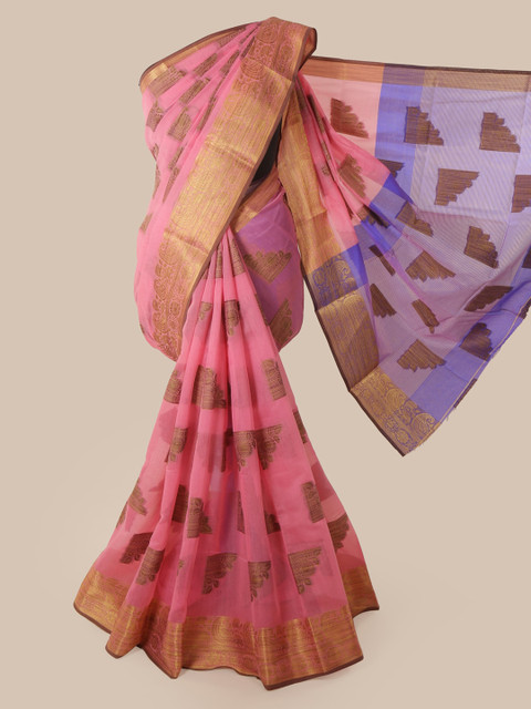 

Pothys Pink & Gold-Toned Cotton Blend Woven Design Chanderi Saree