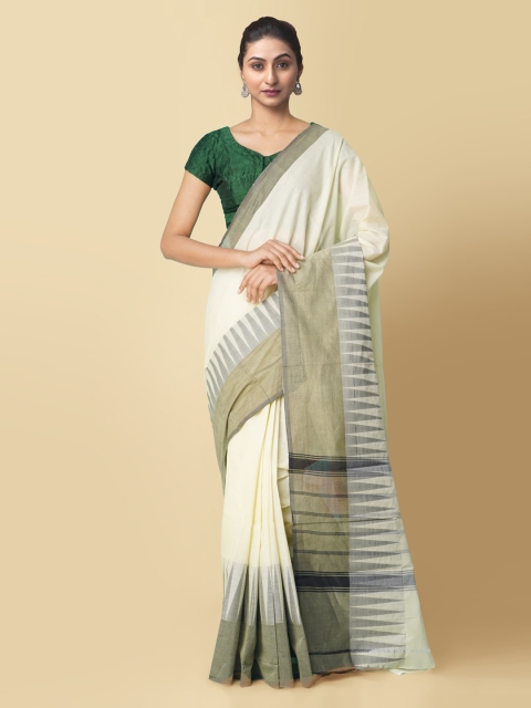 

Unnati Silks Off-White & Green Pure Cotton Solid Kanjeevaram Saree