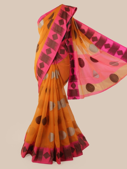 

Pothys Mustard & Pink Cotton Blend Woven Design Chanderi Saree