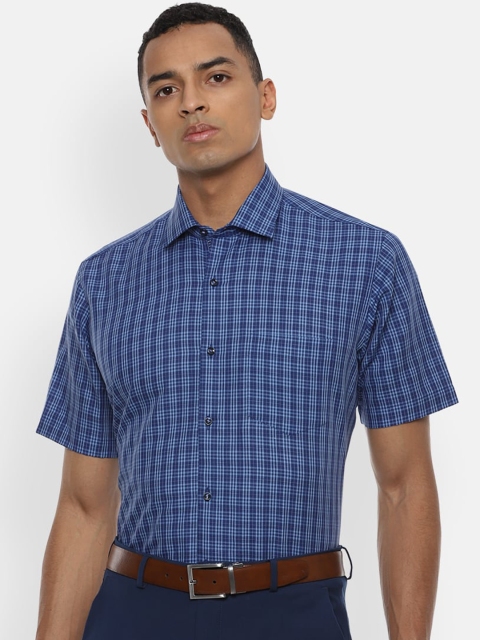

Van Heusen Men Blue Cotton Linen Regular Fit Checked Formal Shirt