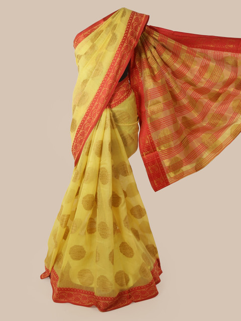 

Pothys Yellow Cotton Blend Woven Design Chanderi Saree
