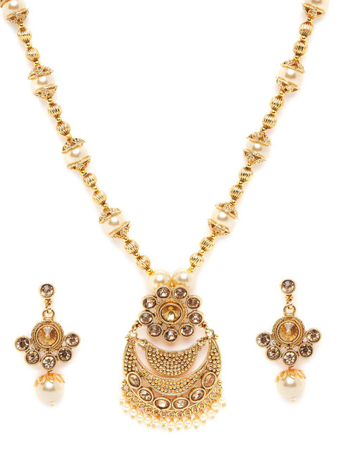 

PANASH Gold-Coloured & White Gold-Plated Stone Pearl Studded Jewellery Set