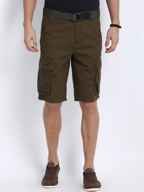 

t-base Men Olive Green Solid Regular Fit Pure Cotton Cargo Shorts