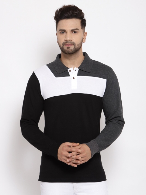 

Kalt Men Black & White Colourblocked Polo Collar T-shirt