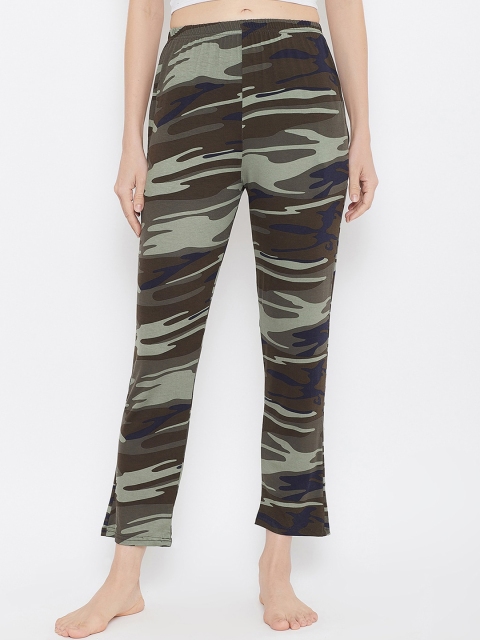 

Clovia Women Olive Green & Grey Camouflage Printed Cotton Crop Lounge Pants