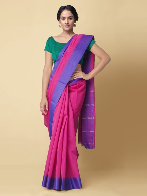 

Unnati Silks Pink Silk Cotton Solid Baluchari Saree