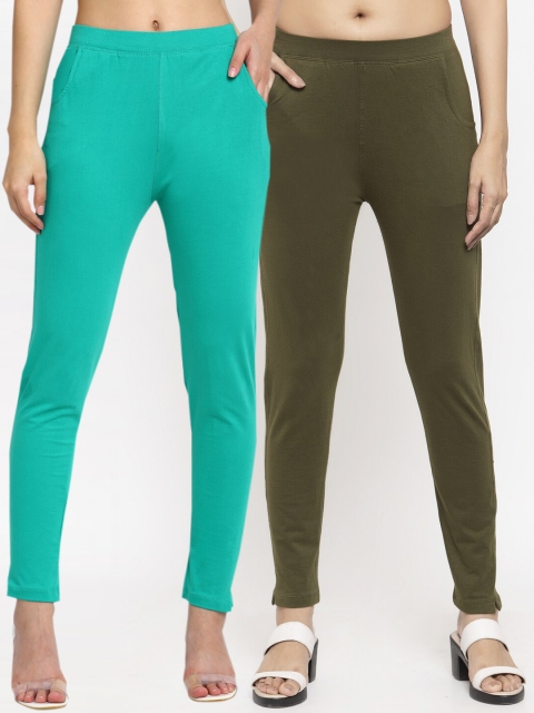 

NEUDIS Women Pack of 2 Green Solid Ankle-Length Leggings, Teal