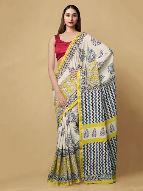 

Unnati Silks Off-White Printed Bagru Saree