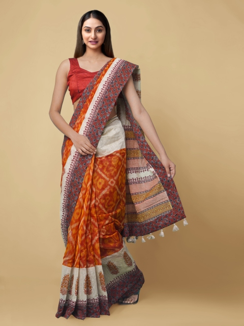 

Unnati Silks Maroon & Orange Silk Cotton Printed Chanderi Saree