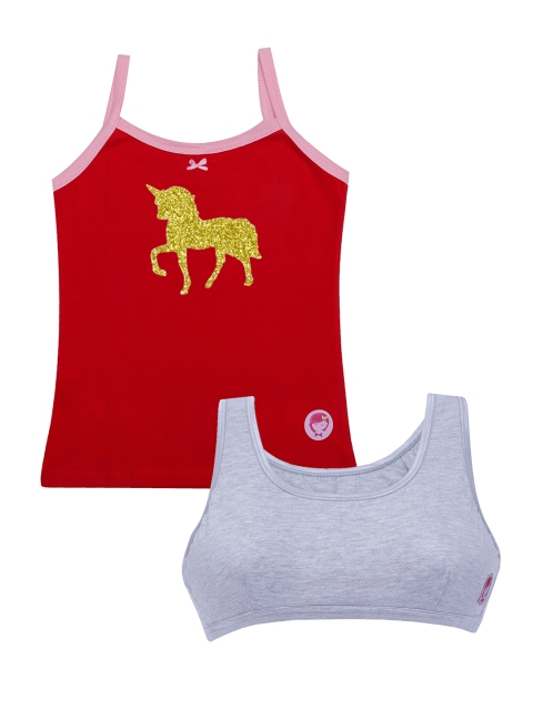 

DChica Red Solid Pack 2 Red Unicorn Camisole With Grey Beginners Sports Bra