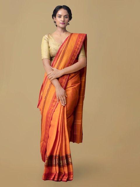 Unnati Silks Orange Pure Cotton Solid Uppada Saree