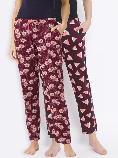 

Kanvin Women Pack of 2 Printed Pure Cotton Lounge Pants, Burgundy