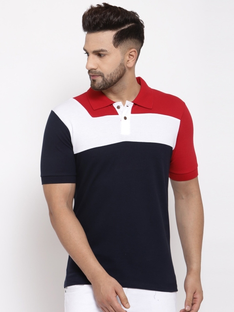 

Kalt Men Navy & White Colourblocked Polo Collar T-shirt, Navy blue