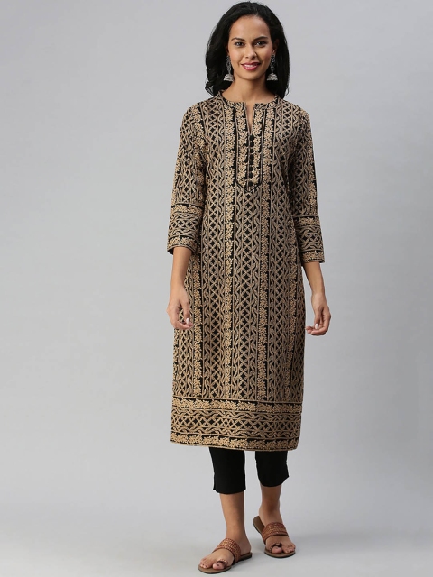 

Soch Women Beige & Black Pure Cotton Embroidered Kurta