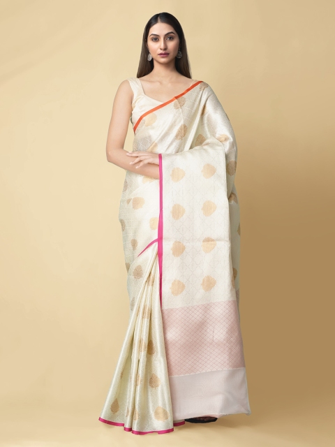 

Unnati Silks Cream-Coloured Silk Cotton Woven Design Handloom Banarasi Saree