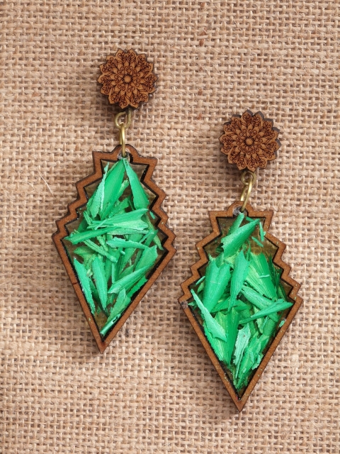 

PANASH Green & Brown Contemporary Kalakriti Quirky WoodenDrop Earrings