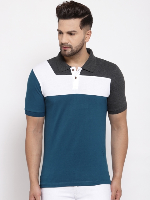 

Kalt Men Teal Blue & White Colourblocked Polo Collar T-shirt