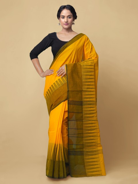 

Unnati Silks Orange & Black Pure Cotton Solid Kanjeevaram Handloom Saree