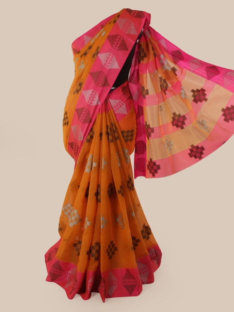 

Pothys Mustard & Pink Cotton Blend Printed Chanderi Saree