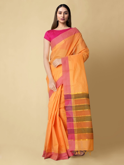 

Unnati Silks Orange Pure Cotton Solid Chettinad Handloom Saree