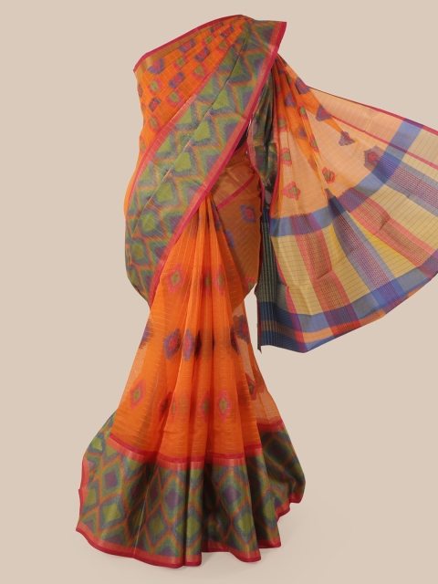 

Pothys Orange & Navy Blue Cotton Blend Woven Design Chanderi Saree