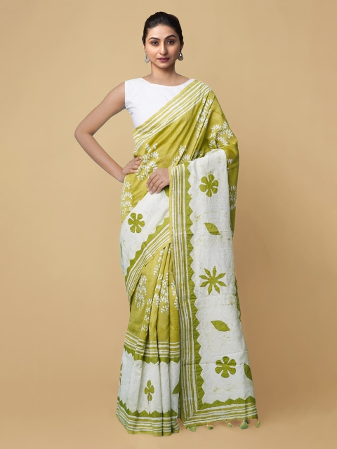 

Unnati Silks Women Green & White Fusion Chanderi Batik Saree