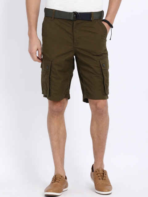 

t-base Men Olive Green Solid Regular Fit Pure Cotton Cargo Shorts