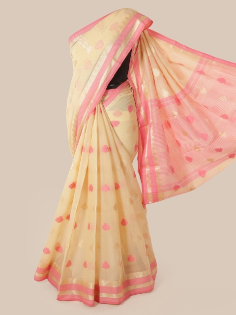 

Pothys Cream-Coloured & Pink Cotton Blend Woven Design Chanderi Saree