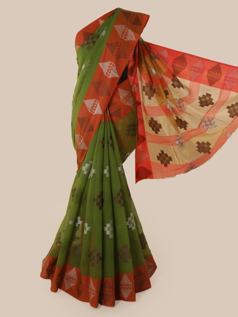 

Pothys Green & Rust Cotton Blend Printed Chanderi Saree