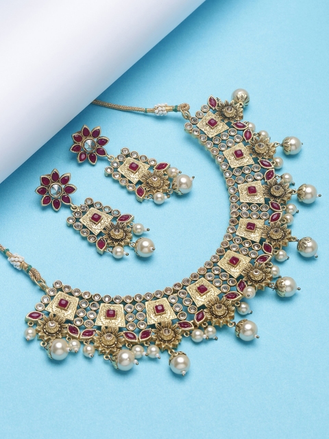 

PANASH Gold-Plated Red & Beige Stone-Studded & Beaded Handcrafted Jewellery Set