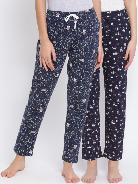 

Kanvin Women Pack of 2 Navy Printed Pure Cotton Lounge Pants, Navy blue