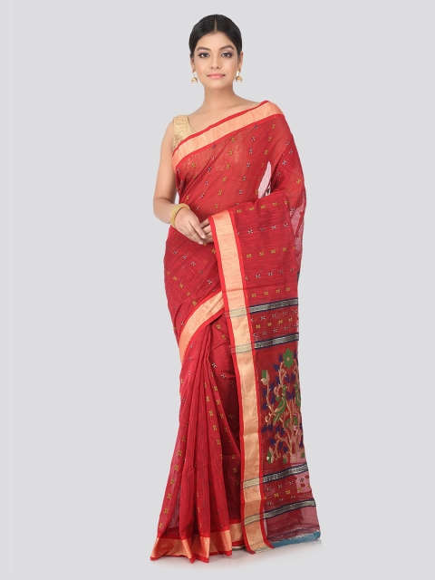 

PinkLoom Maroon & Gold-Toned Cotton Blend Printed Jamdani Saree