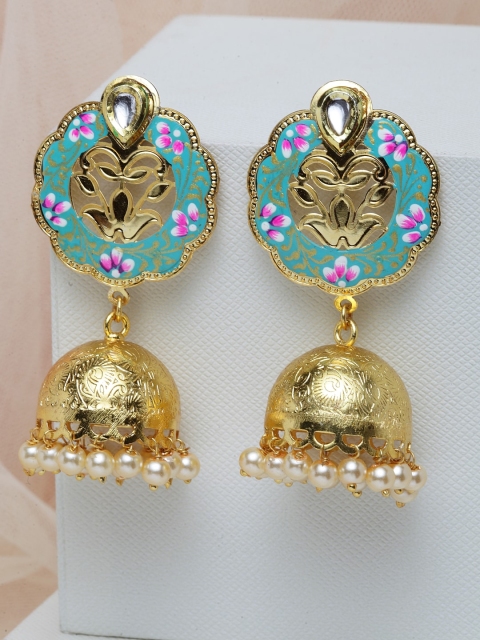 

PANASH Gold-Plated Kundan Studded Enamelled Contemporary Jhumkas
