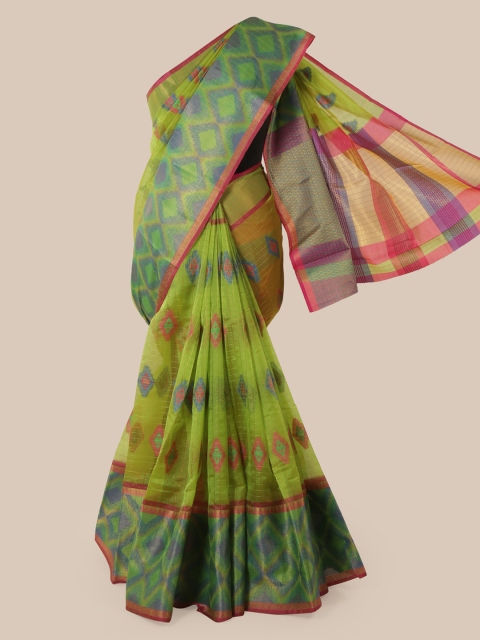 Pothys Green Cotton Blend Printed Chanderi Saree