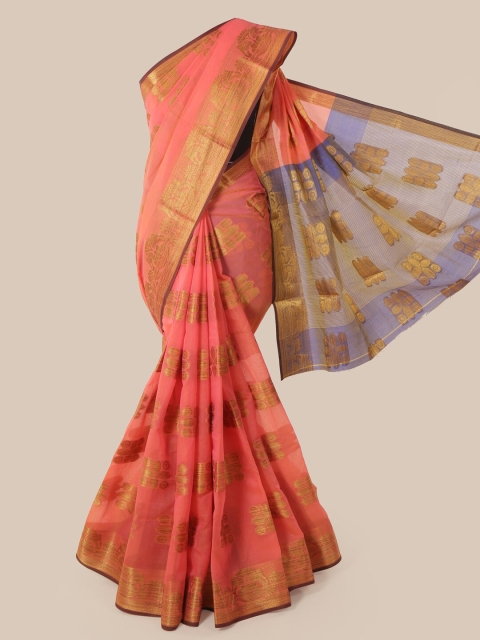 

Pothys Peach-Coloured Cotton Blend Woven Design Chanderi Saree