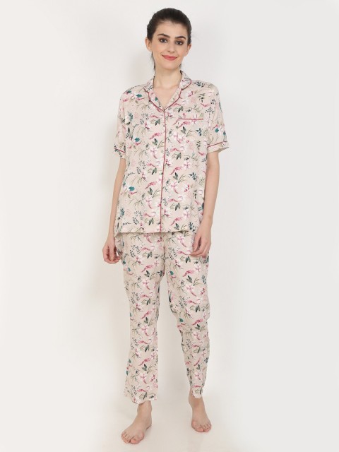 

Aujjessa Women Beige & Pink Printed Night suit