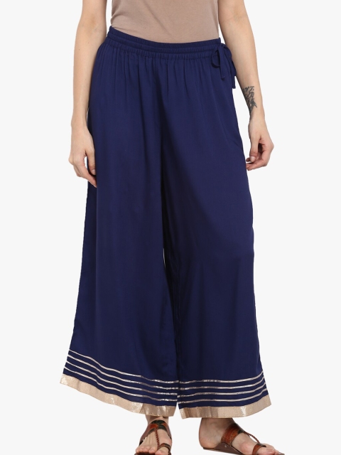 

KSUT Women Navy Blue Hem Design Flared Ethnic Palazzos