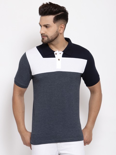

Kalt Men Navy & White Colourblocked Polo Collar T-shirt, Navy blue