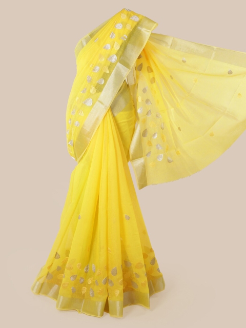 Pothys Yellow Cotton Blend Woven Design Chanderi Saree