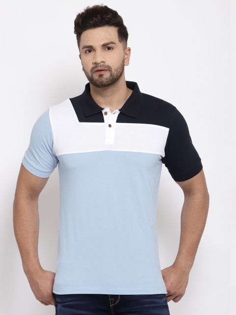 

Kalt Men Blue & White Colourblocked Polo Collar T-shirt