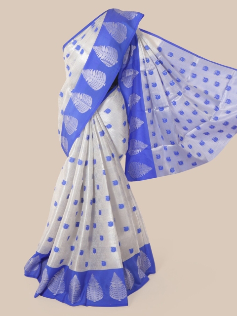

Pothys Silver-Toned & Navy Blue Cotton Blend Woven Design Chanderi Saree