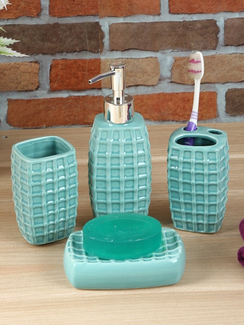 

House Of Accessories Set Of 4 Green Self Checked Bathroom Accessories
